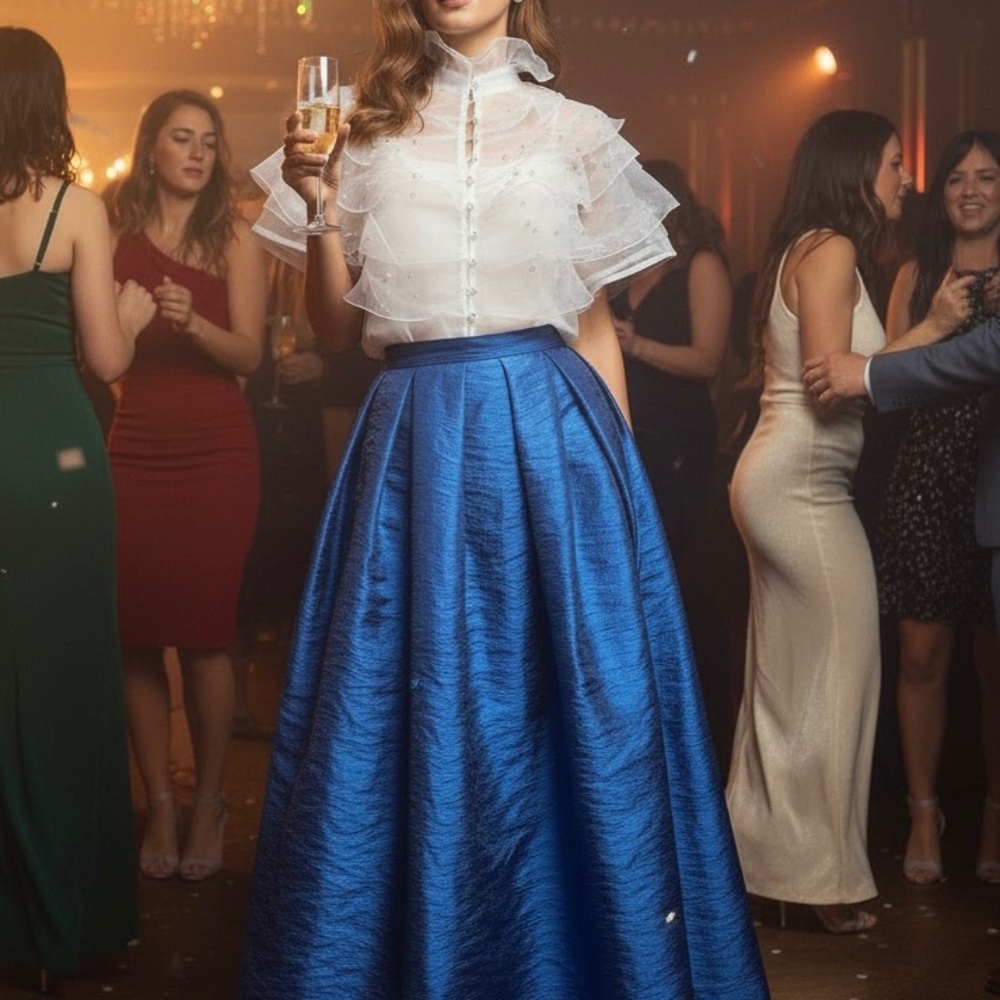 #A015  RomanticStyle EveningGlam  Nancy  White  Organza  Pearl  Ruffle Top NWT M - Picture 2 of 11